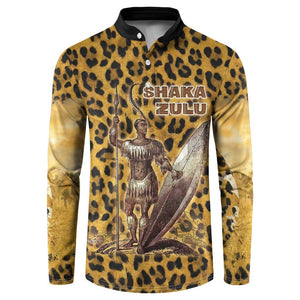 Shaka Zulu Button Sweatshirt Leopard Print Design Traditional Warrior Spear and Shield Illustration Tribal King