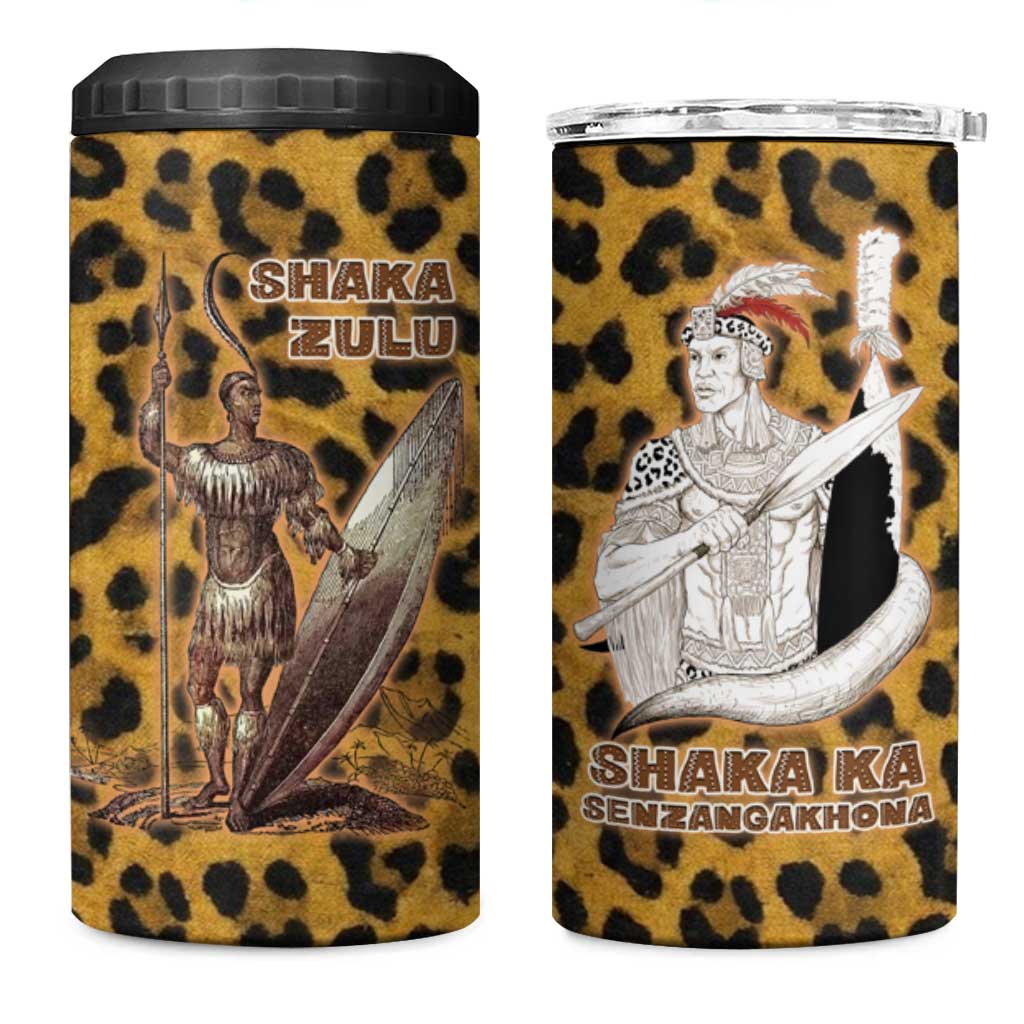 Shaka Zulu 4 in 1 Can Cooler Tumbler Leopard Print Design Traditional Warrior Spear and Shield Illustration Tribal King - African Pride