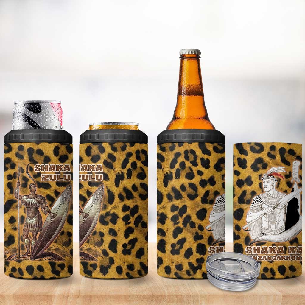 Shaka Zulu 4 in 1 Can Cooler Tumbler Leopard Print Design Traditional Warrior Spear and Shield Illustration Tribal King - African Pride