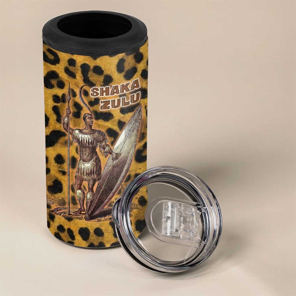 Shaka Zulu 4 in 1 Can Cooler Tumbler Leopard Print Design Traditional Warrior Spear and Shield Illustration Tribal King - African Pride