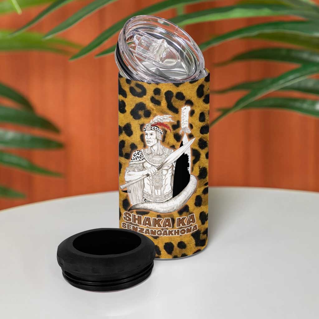 Shaka Zulu 4 in 1 Can Cooler Tumbler Leopard Print Design Traditional Warrior Spear and Shield Illustration Tribal King - African Pride