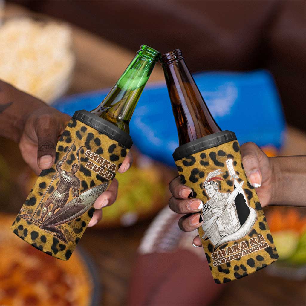 Shaka Zulu 4 in 1 Can Cooler Tumbler Leopard Print Design Traditional Warrior Spear and Shield Illustration Tribal King - African Pride