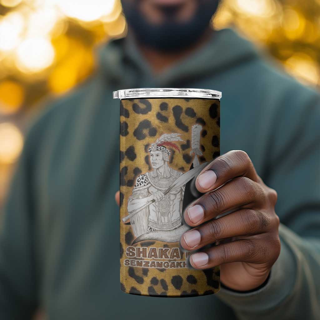Shaka Zulu 4 in 1 Can Cooler Tumbler Leopard Print Design Traditional Warrior Spear and Shield Illustration Tribal King - African Pride