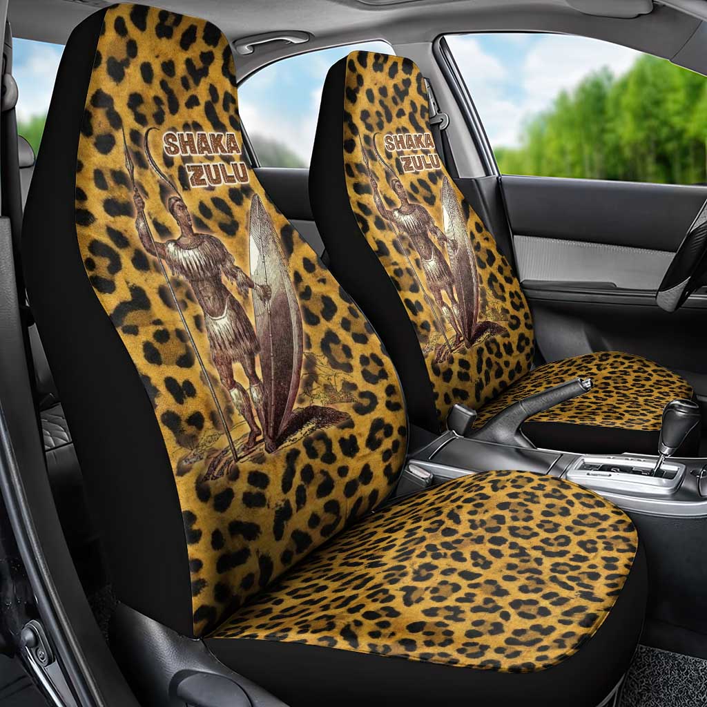 Shaka Zulu Car Seat Cover Leopard Print Design Traditional Warrior Spear and Shield Illustration Tribal King - African Pride