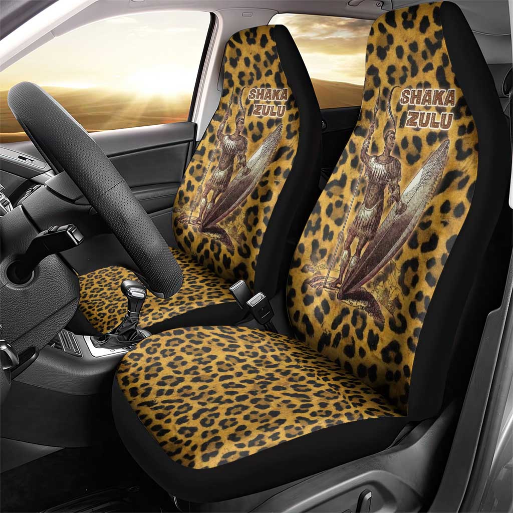 Shaka Zulu Car Seat Cover Leopard Print Design Traditional Warrior Spear and Shield Illustration Tribal King - African Pride