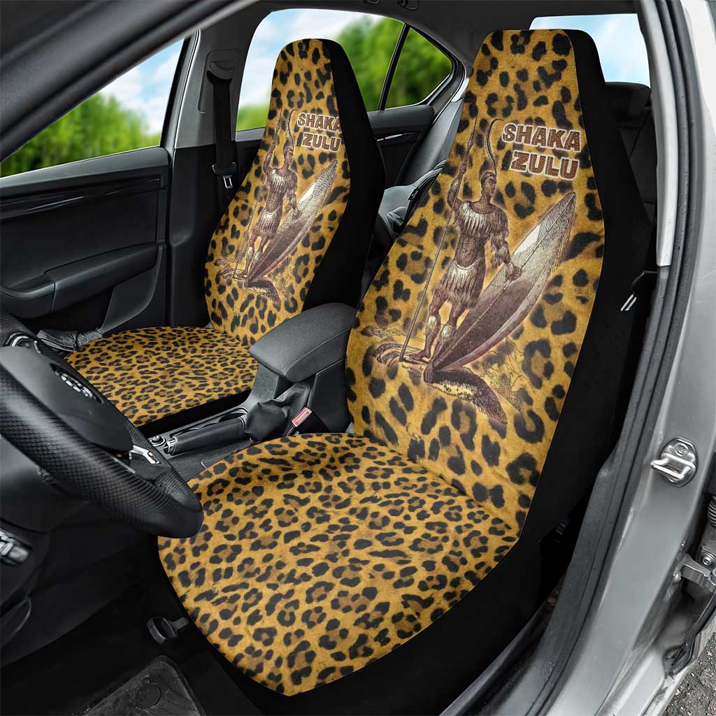 Shaka Zulu Car Seat Cover Leopard Print Design Traditional Warrior Spear and Shield Illustration Tribal King - African Pride