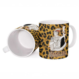 Shaka Zulu Ceramic Mug Leopard Print Design Traditional Warrior Spear and Shield Illustration Tribal King - African Pride