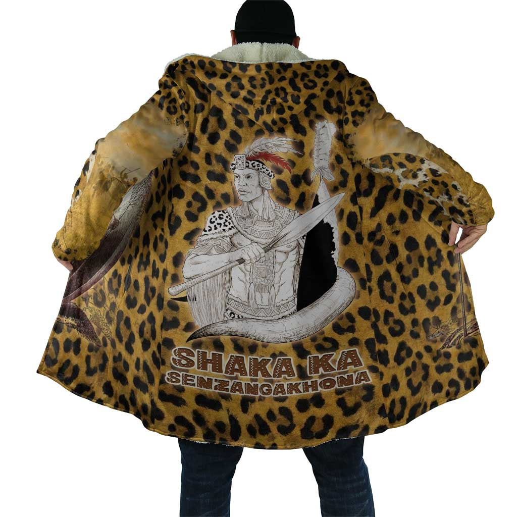 Shaka Zulu Cloak Leopard Print Design Traditional Warrior Spear and Shield Illustration Tribal King - African Pride