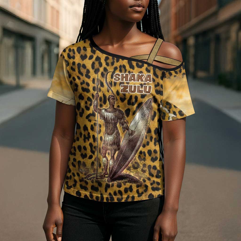 Shaka Zulu Cross Shoulder Shirt Leopard Print Design Traditional Warrior Spear and Shield Illustration Tribal King - African Pride