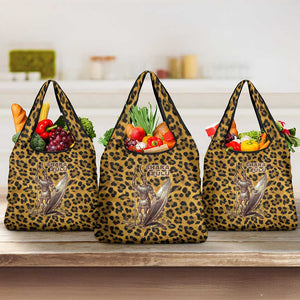 Shaka Zulu Grocery Bag Leopard Print Design Traditional Warrior Spear and Shield Illustration Tribal King - African Pride