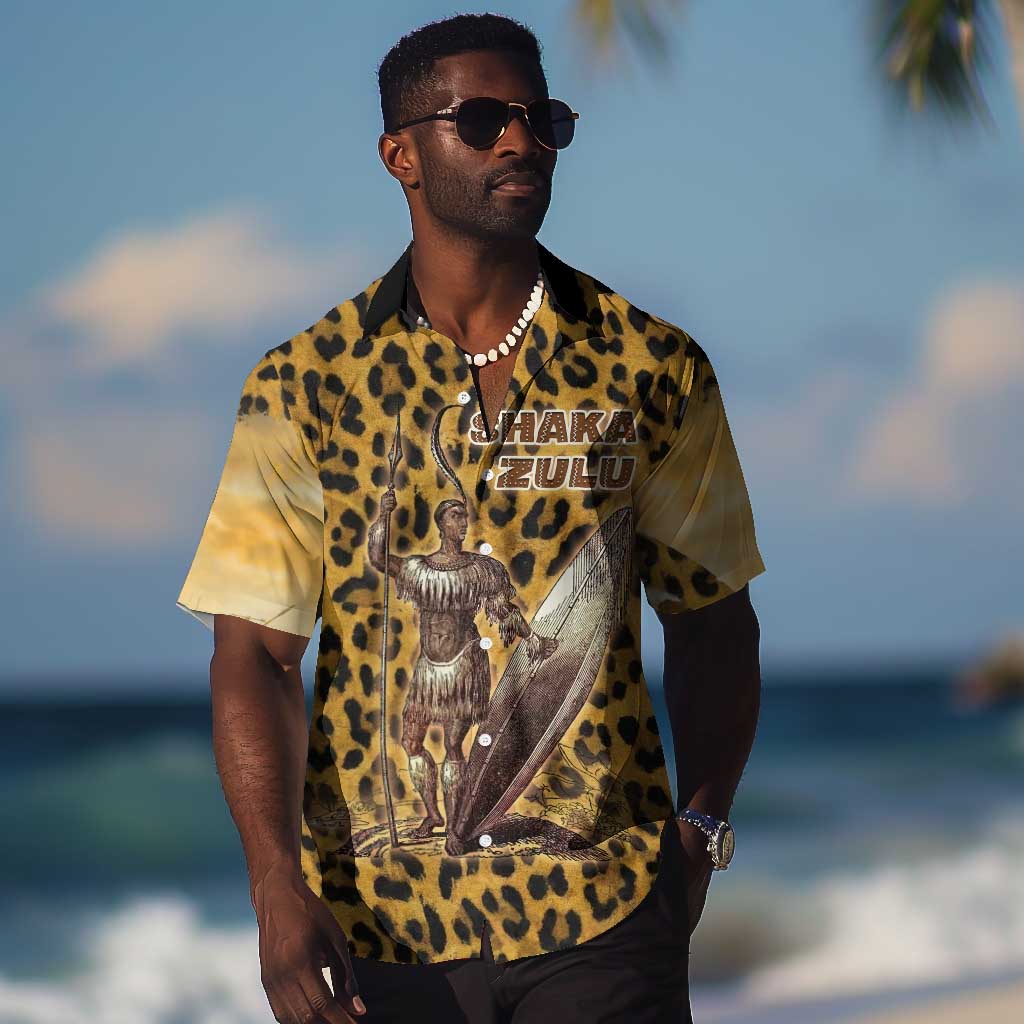 Shaka Zulu Hawaiian Shirt Leopard Print Design Traditional Warrior Spear and Shield Illustration Tribal King - African Pride