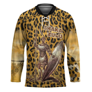 Shaka Zulu Hockey Jersey Leopard Print Design Traditional Warrior Spear and Shield Illustration Tribal King - African Pride