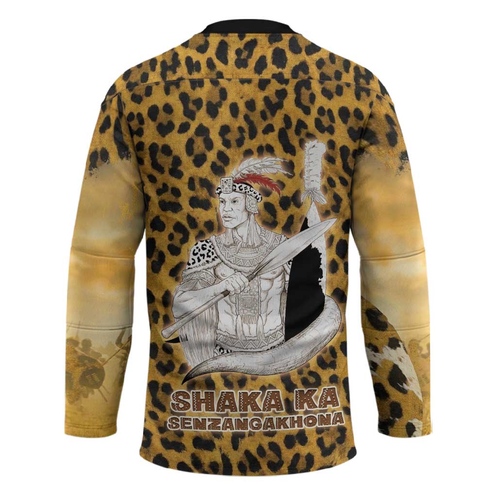 Shaka Zulu Hockey Jersey Leopard Print Design Traditional Warrior Spear and Shield Illustration Tribal King - African Pride