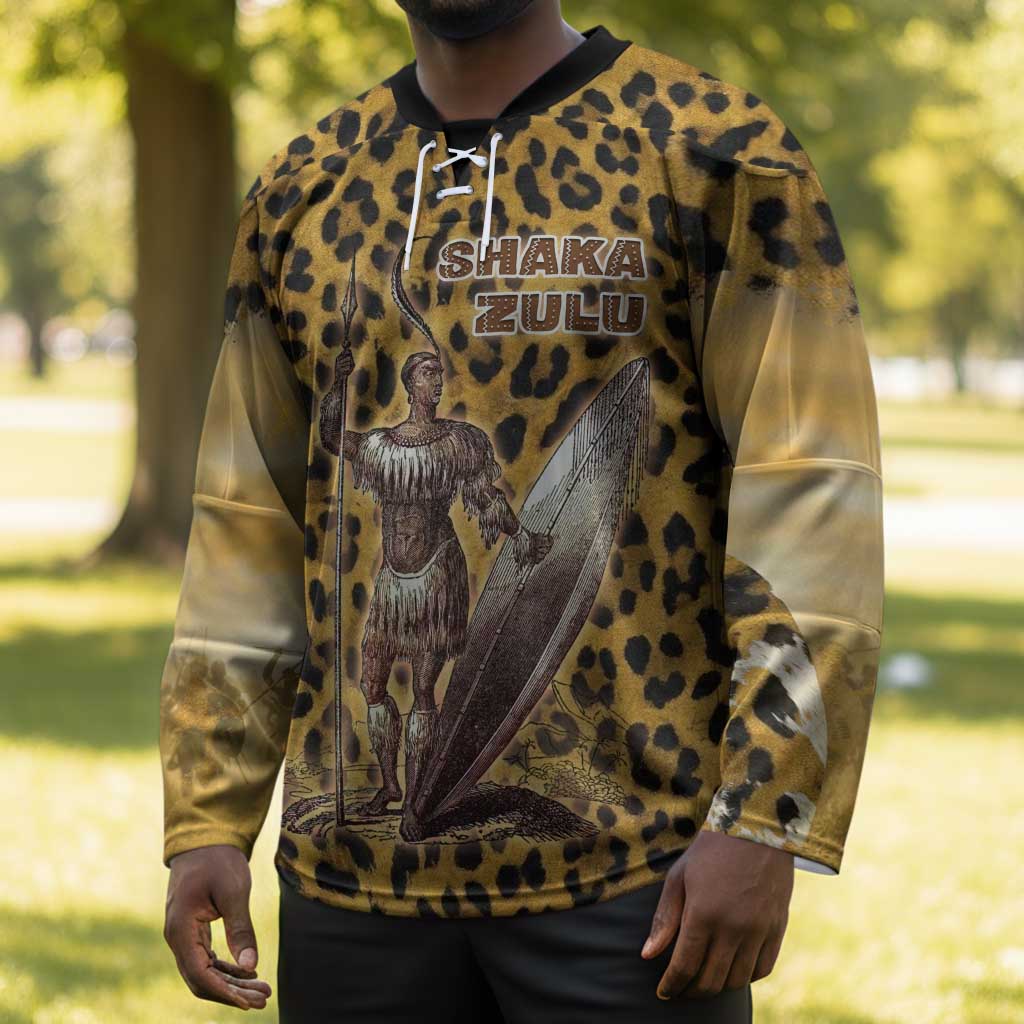 Shaka Zulu Hockey Jersey Leopard Print Design Traditional Warrior Spear and Shield Illustration Tribal King - African Pride