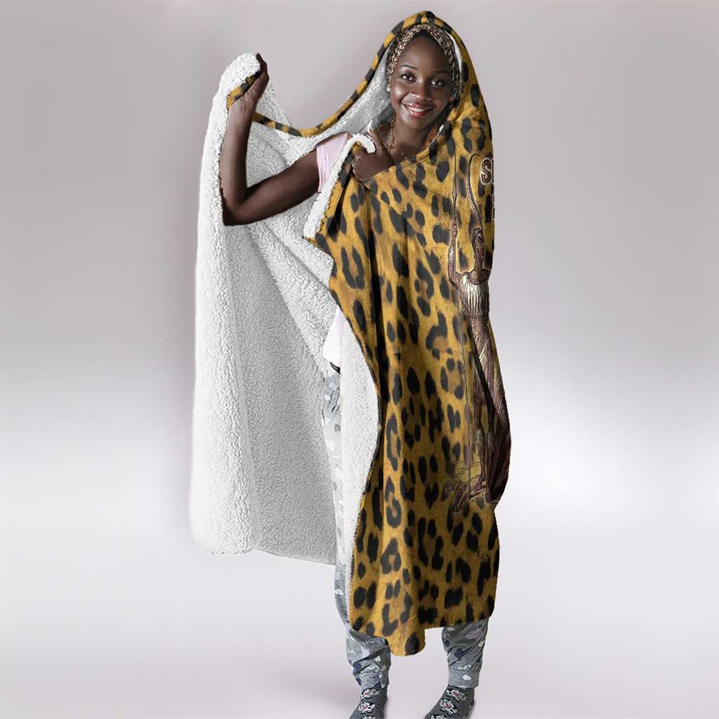 Shaka Zulu Hooded Blanket Leopard Print Design Traditional Warrior Spear and Shield Illustration Tribal King - African Pride