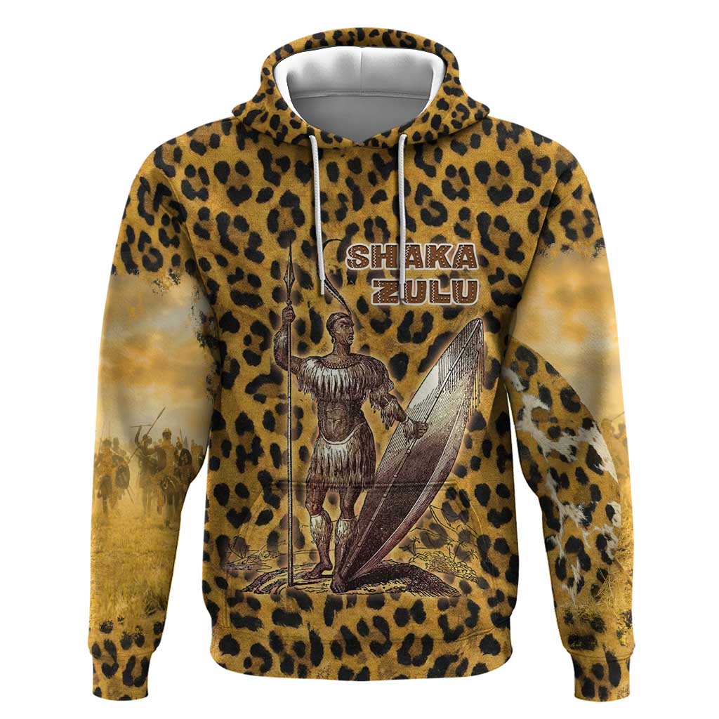 Shaka Zulu Hoodie Leopard Print Design Traditional Warrior Spear and Shield Illustration Tribal King - African Pride
