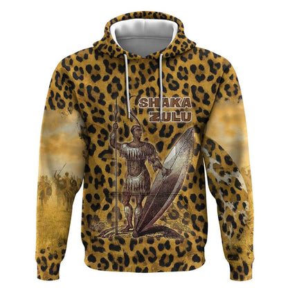 Shaka Zulu Hoodie Leopard Print Design Traditional Warrior Spear and Shield Illustration Tribal King - African Pride