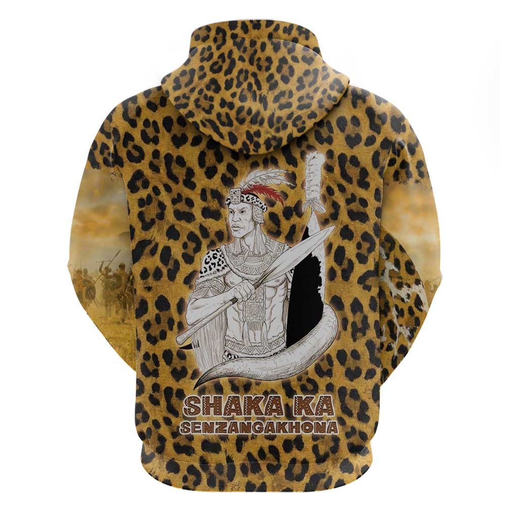 Shaka Zulu Hoodie Leopard Print Design Traditional Warrior Spear and Shield Illustration Tribal King - African Pride