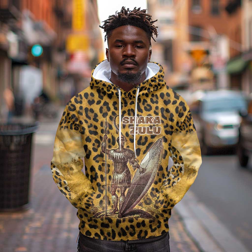 Shaka Zulu Hoodie Leopard Print Design Traditional Warrior Spear and Shield Illustration Tribal King - African Pride