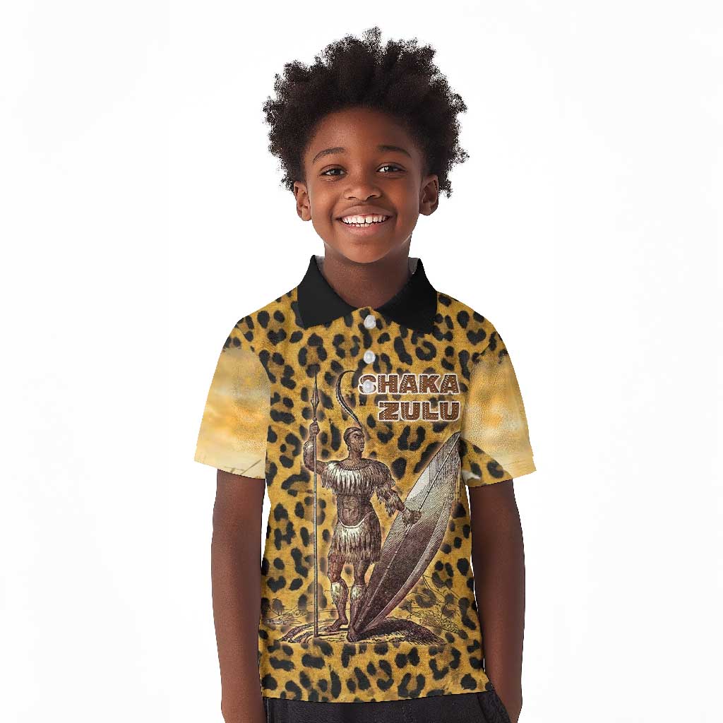 Shaka Zulu Kid Polo Shirt Leopard Print Design Traditional Warrior Spear and Shield Illustration Tribal King - African Pride