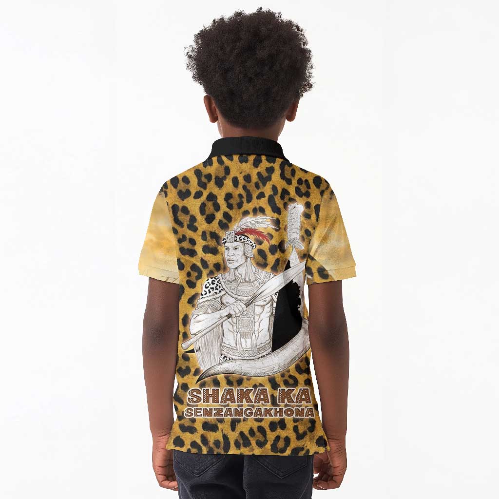 Shaka Zulu Kid Polo Shirt Leopard Print Design Traditional Warrior Spear and Shield Illustration Tribal King - African Pride