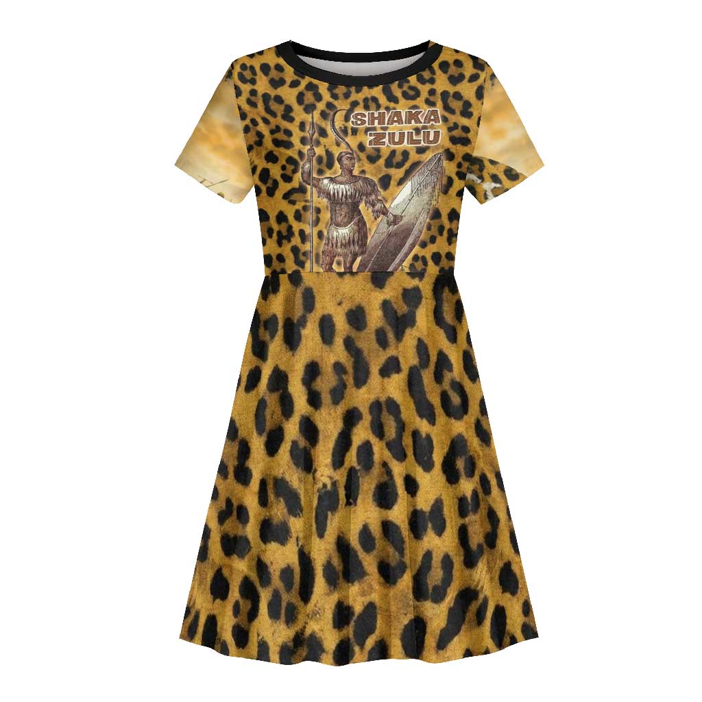 Shaka Zulu Kid Short Sleeve Dress Leopard Print Design Traditional Warrior Spear and Shield Illustration Tribal King - African Pride