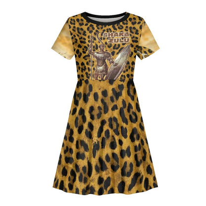 Shaka Zulu Kid Short Sleeve Dress Leopard Print Design Traditional Warrior Spear and Shield Illustration Tribal King - African Pride