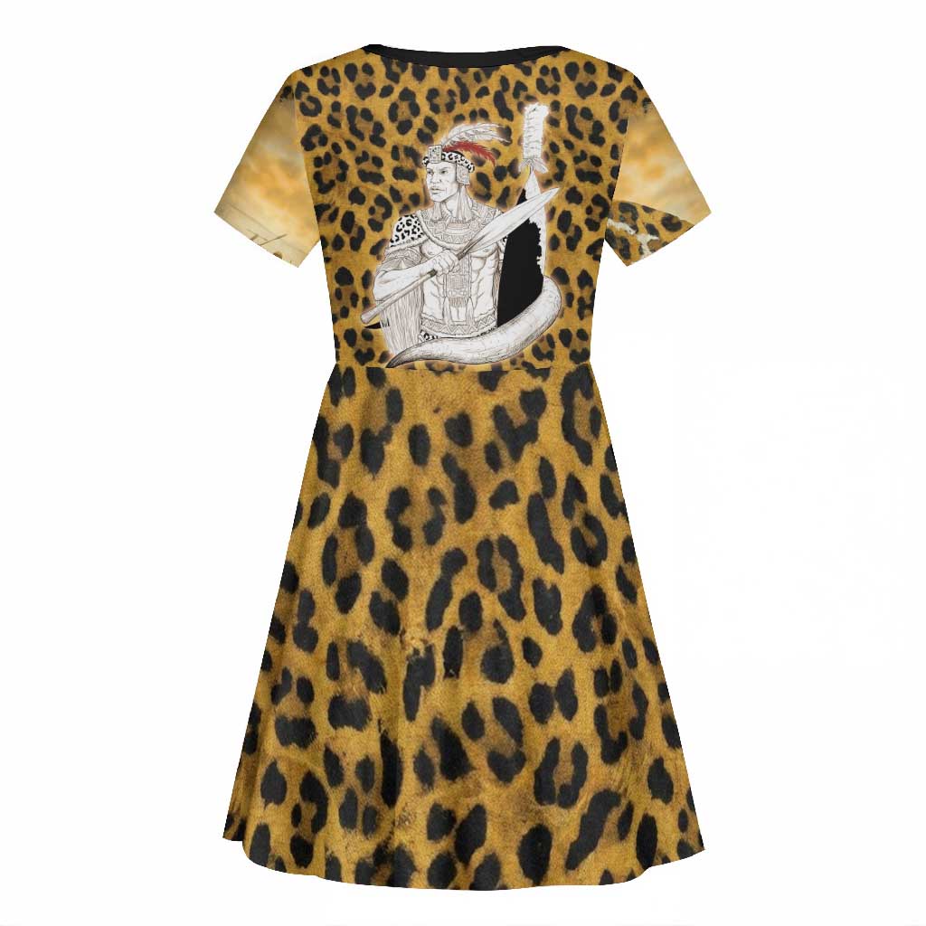 Shaka Zulu Kid Short Sleeve Dress Leopard Print Design Traditional Warrior Spear and Shield Illustration Tribal King - African Pride