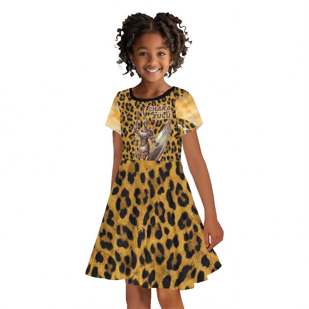 Shaka Zulu Kid Short Sleeve Dress Leopard Print Design Traditional Warrior Spear and Shield Illustration Tribal King - African Pride