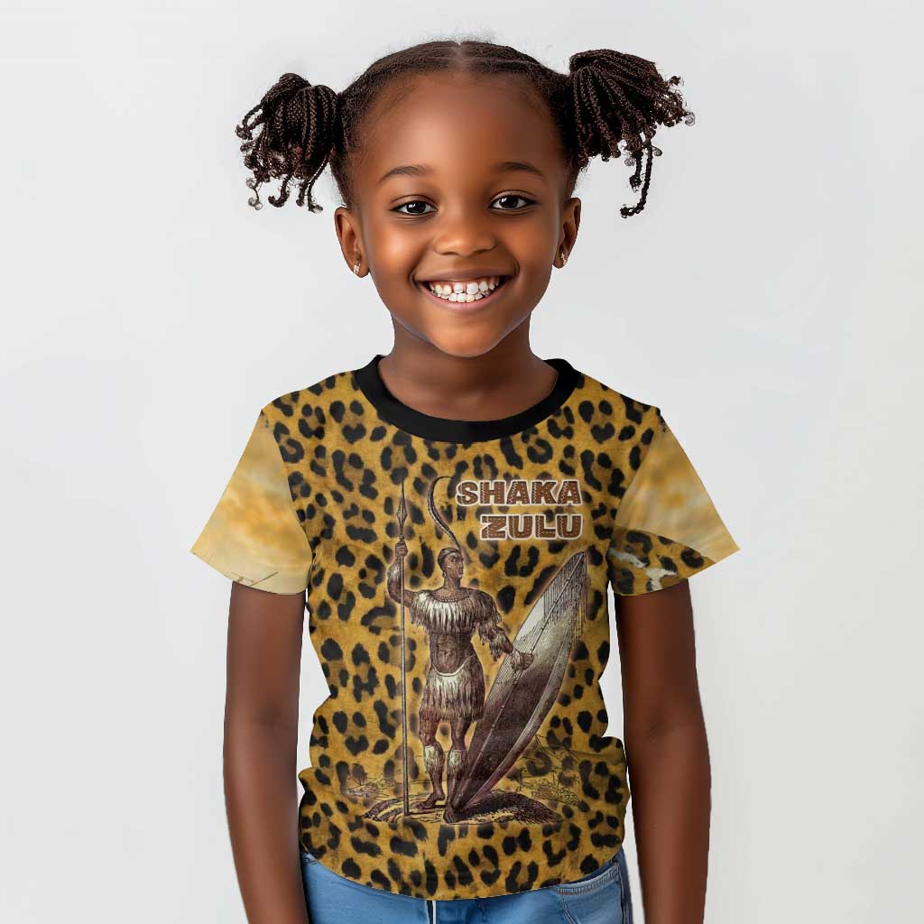 Shaka Zulu Kid T shirt Leopard Print Design Traditional Warrior Spear and Shield Illustration Tribal King - African Pride