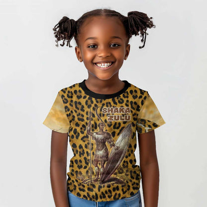 Shaka Zulu Kid T shirt Leopard Print Design Traditional Warrior Spear and Shield Illustration Tribal King - African Pride