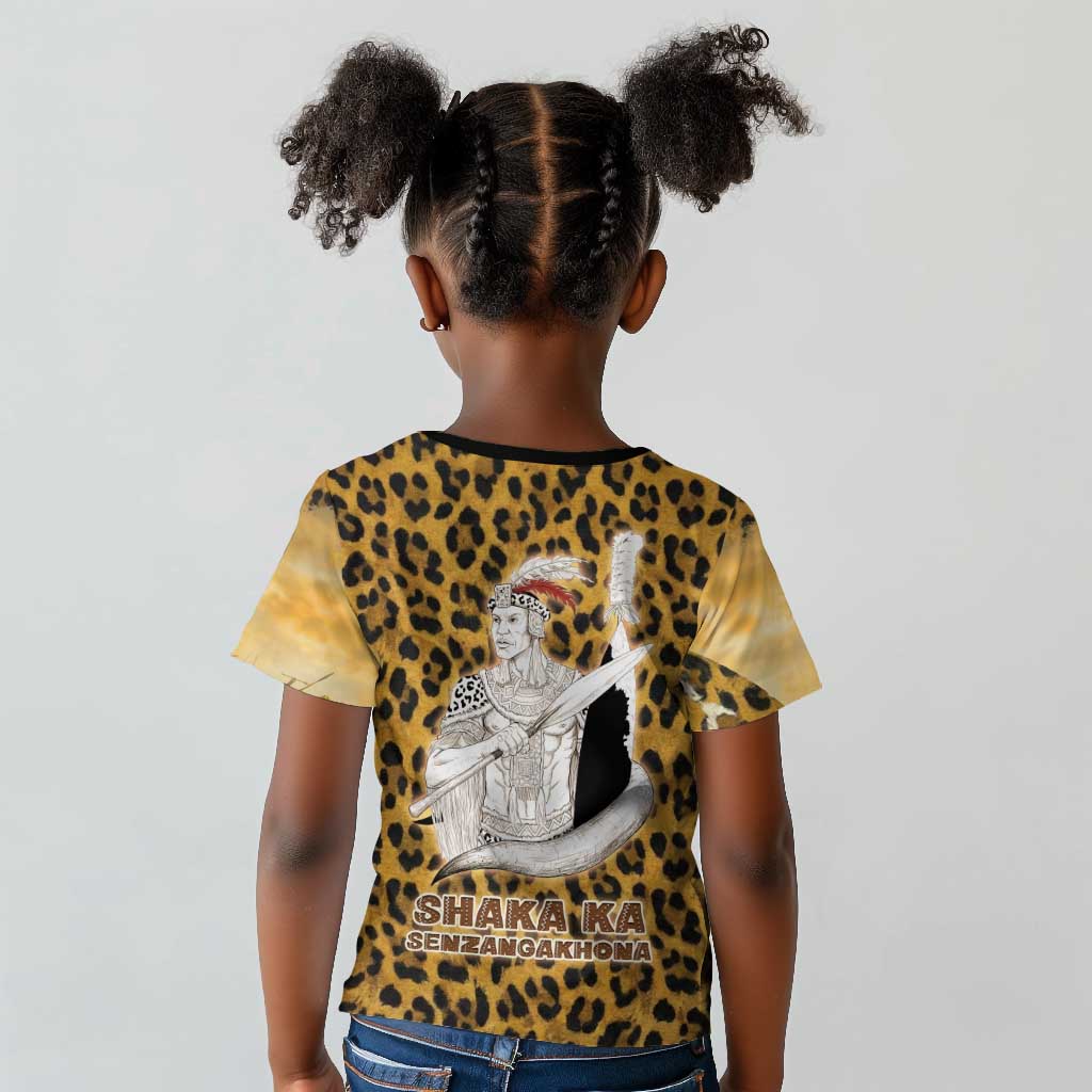 Shaka Zulu Kid T shirt Leopard Print Design Traditional Warrior Spear and Shield Illustration Tribal King - African Pride