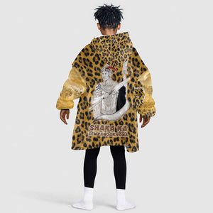 Shaka Zulu Kid Wearable Blanket Hoodie Leopard Print Design Traditional Warrior Spear and Shield Illustration Tribal King - African Pride