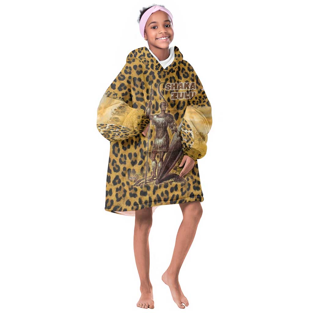 Shaka Zulu Kid Wearable Blanket Hoodie Leopard Print Design Traditional Warrior Spear and Shield Illustration Tribal King - African Pride