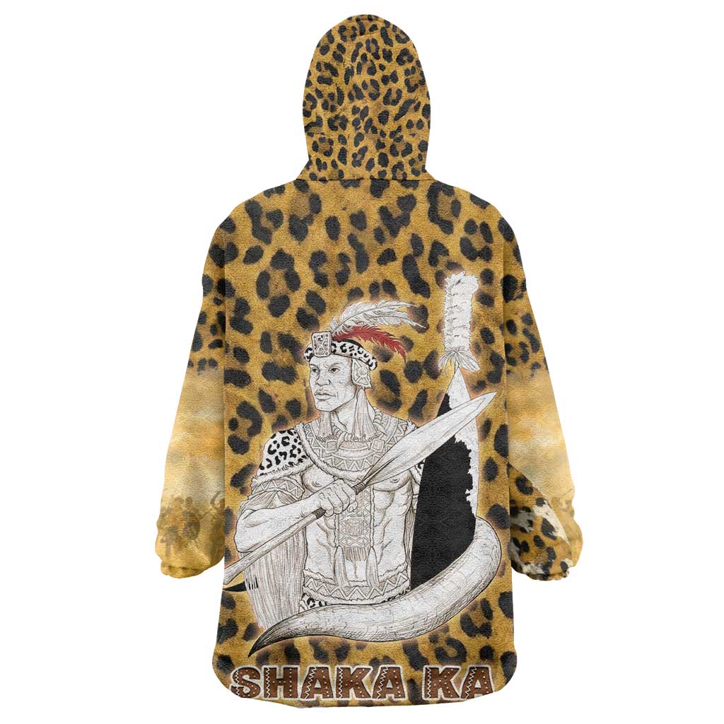 Shaka Zulu Kid Wearable Blanket Hoodie Leopard Print Design Traditional Warrior Spear and Shield Illustration Tribal King - African Pride