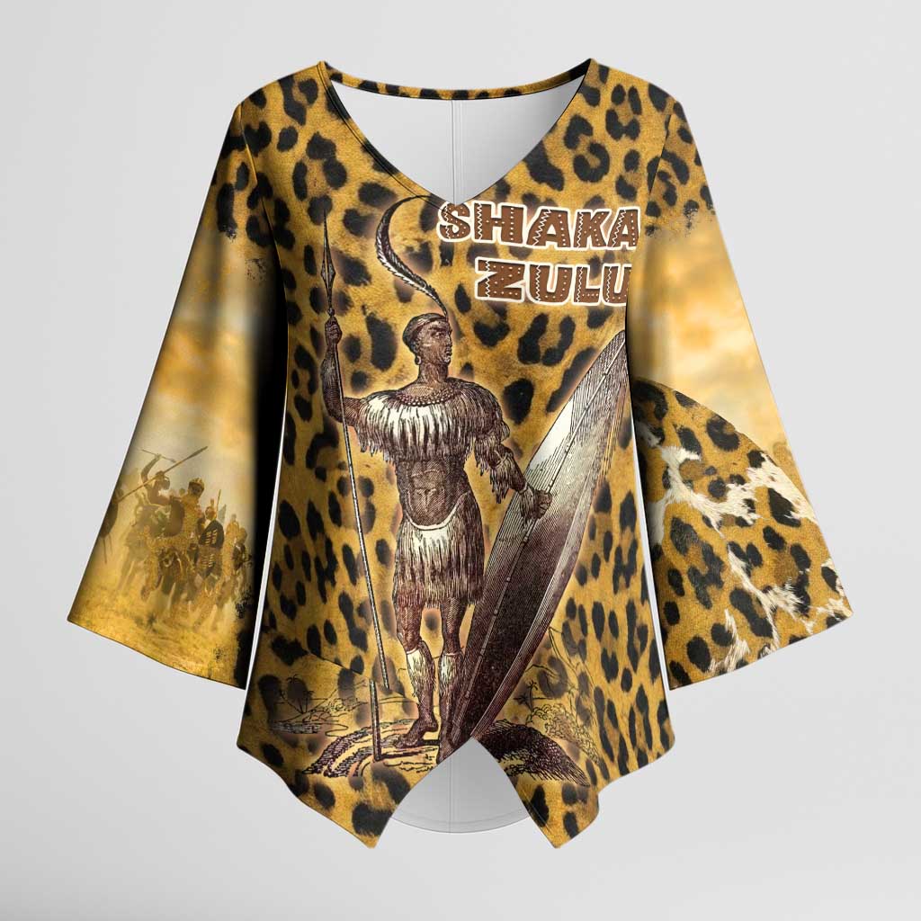 Shaka Zulu Kimono Sleeve Blouse Leopard Print Design Traditional Warrior Spear and Shield Illustration Tribal King - African Pride