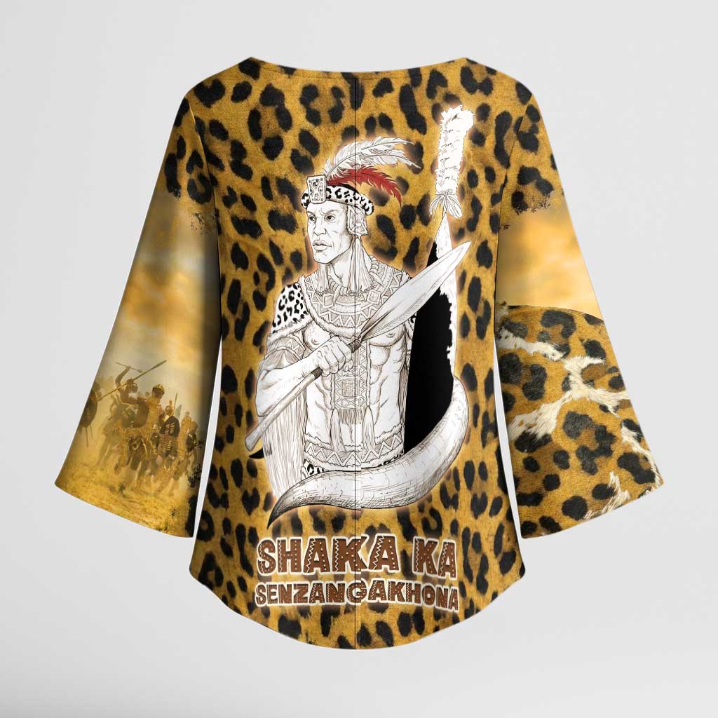 Shaka Zulu Kimono Sleeve Blouse Leopard Print Design Traditional Warrior Spear and Shield Illustration Tribal King - African Pride