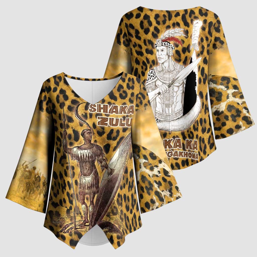 Shaka Zulu Kimono Sleeve Blouse Leopard Print Design Traditional Warrior Spear and Shield Illustration Tribal King - African Pride
