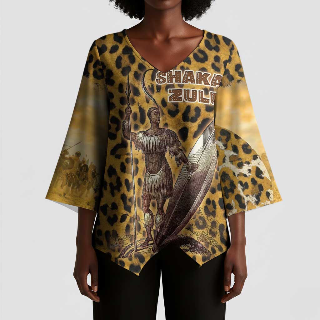 Shaka Zulu Kimono Sleeve Blouse Leopard Print Design Traditional Warrior Spear and Shield Illustration Tribal King - African Pride