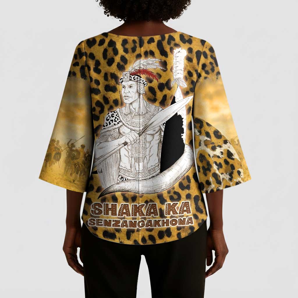 Shaka Zulu Kimono Sleeve Blouse Leopard Print Design Traditional Warrior Spear and Shield Illustration Tribal King - African Pride
