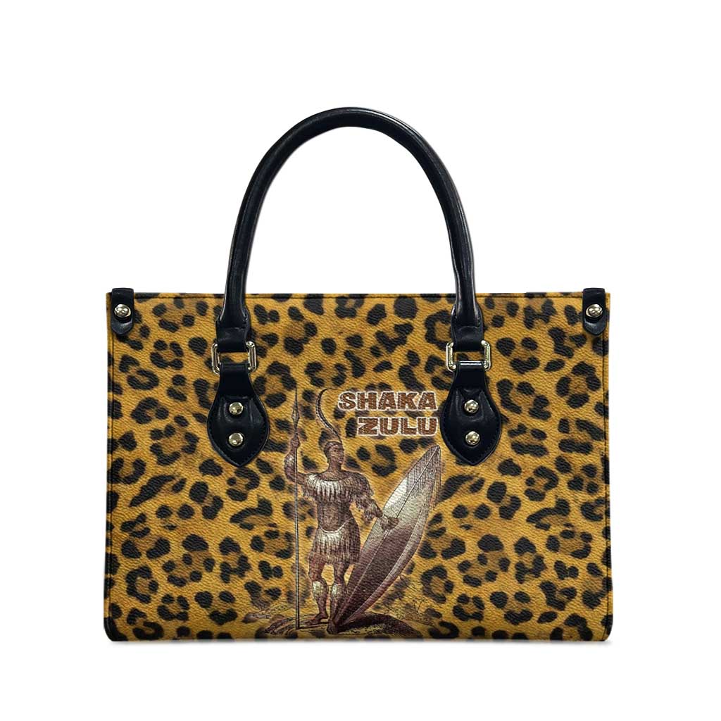 Shaka Zulu Leather Bag Leopard Print Design Traditional Warrior Spear and Shield Illustration Tribal King - African Pride