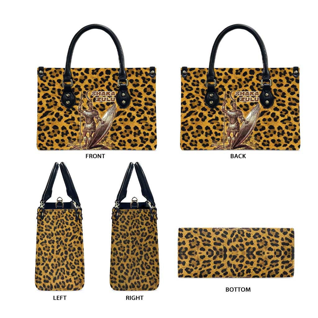 Shaka Zulu Leather Bag Leopard Print Design Traditional Warrior Spear and Shield Illustration Tribal King - African Pride