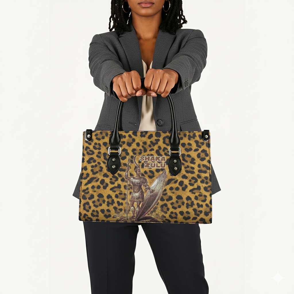 Shaka Zulu Leather Bag Leopard Print Design Traditional Warrior Spear and Shield Illustration Tribal King - African Pride