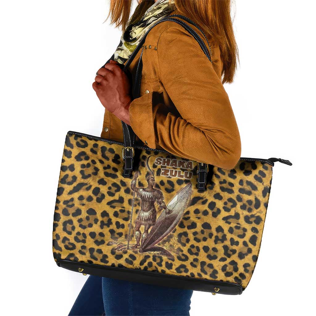 Shaka Zulu Leather Tote Bag Leopard Print Design Traditional Warrior Spear and Shield Illustration Tribal King - African Pride