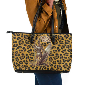 Shaka Zulu Leather Tote Bag Leopard Print Design Traditional Warrior Spear and Shield Illustration Tribal King - African Pride