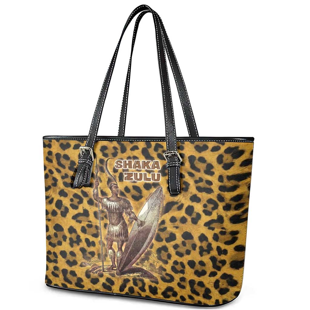 Shaka Zulu Leather Tote Bag Leopard Print Design Traditional Warrior Spear and Shield Illustration Tribal King - African Pride
