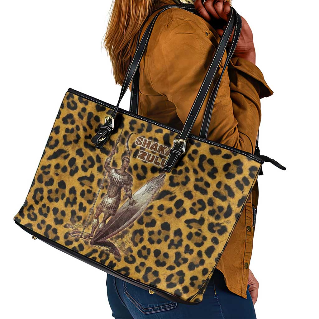 Shaka Zulu Leather Tote Bag Leopard Print Design Traditional Warrior Spear and Shield Illustration Tribal King - African Pride