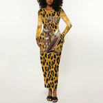 Shaka Zulu Long Sleeve Bodycon Dress Leopard Print Design Traditional Warrior Spear and Shield Illustration Tribal King - African Pride