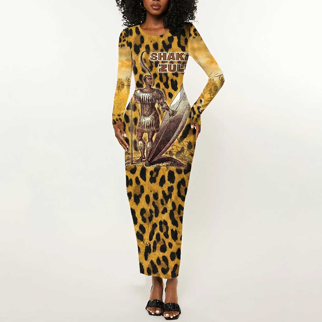 Shaka Zulu Long Sleeve Bodycon Dress Leopard Print Design Traditional Warrior Spear and Shield Illustration Tribal King - African Pride