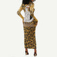Shaka Zulu Long Sleeve Bodycon Dress Leopard Print Design Traditional Warrior Spear and Shield Illustration Tribal King - African Pride